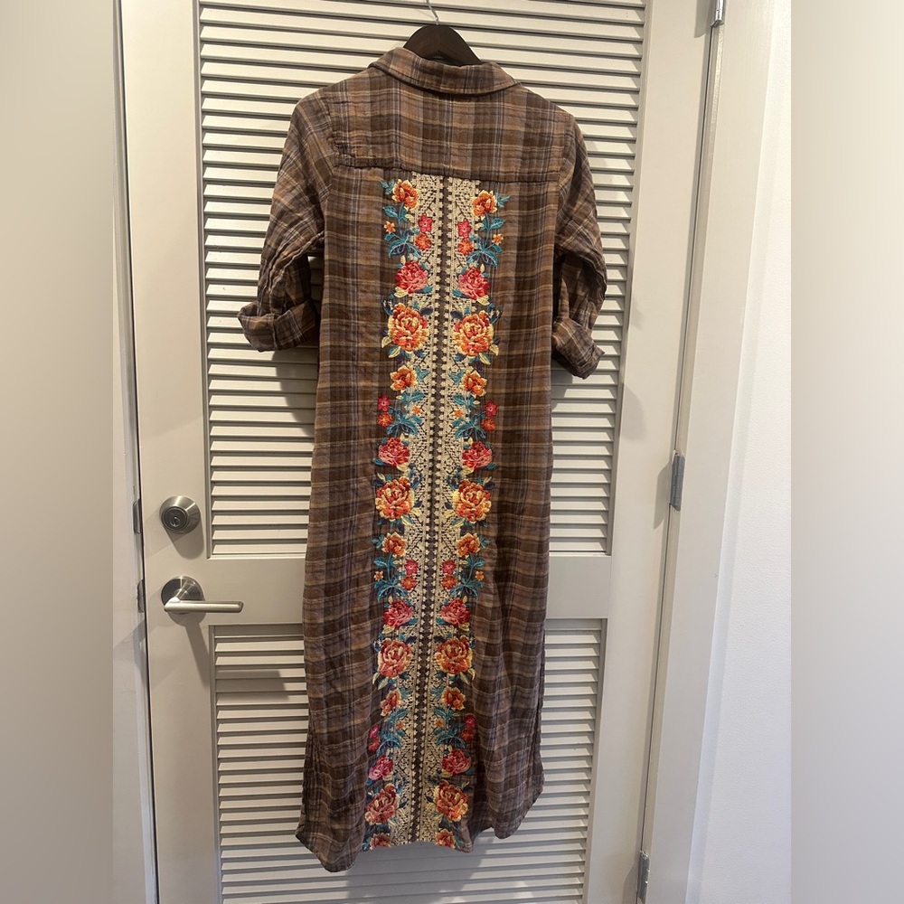 Brown Plaid Dress with Floral Embroidery